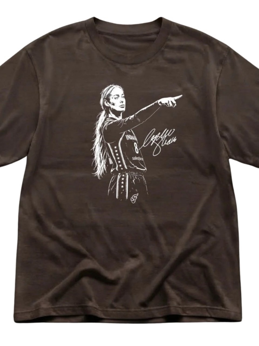 Brown Short Sleeve Tee with White Pointing Woman Graphic, basketball fan